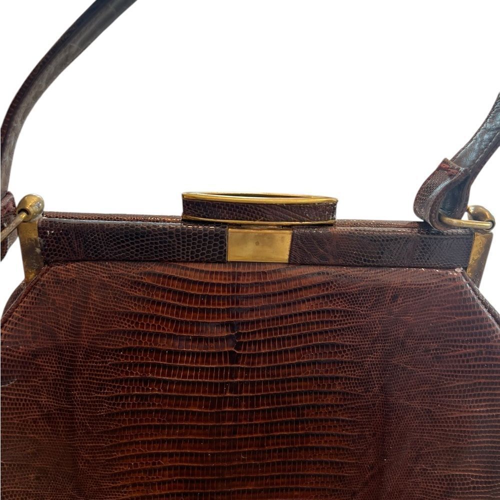 Vintage Lesco Brown Embossed Leather Handbag – 1950s Structured Frame Purse